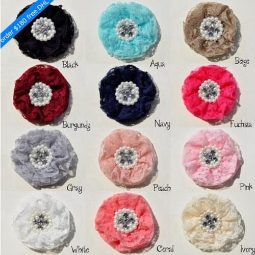 50pcs/lot 9cm 12color Hair Clips Beaded Chiffon Flower With Pearl Rhinestone Shabby Lace Ruffled Fabric Flowers For Headbands