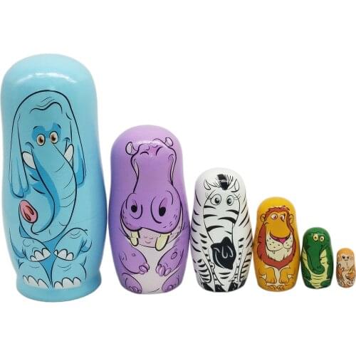 6Pcs Wooden Matryoshka Russian Nesting Dolls Babushka Cartoon Animal Pattern
