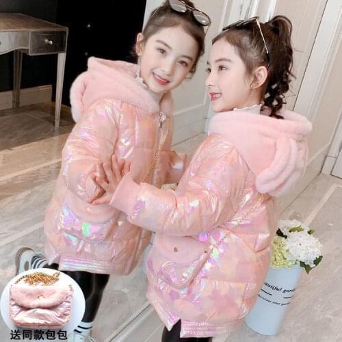 Kids Hooded Outwear Kids Windproof Clothing Girls Winter Coats Girl Bright Color Jacket with Bag Teen Warm Plus Velvet Parkas
