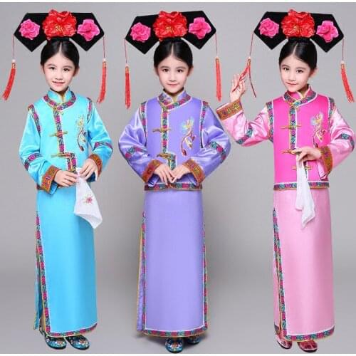 Children Chinese Traditional Princess Costume Kids Girl Ancient Qing Dynasty Outfit Child Empresses Stage Folk Dance Costume 90