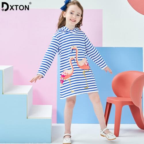 DXTON Cotton Girls Winter Dress Flamingo Kids Dress For Girls Costume Toddler Cotton Hooded Girls Dress Stripe Children Vestidos