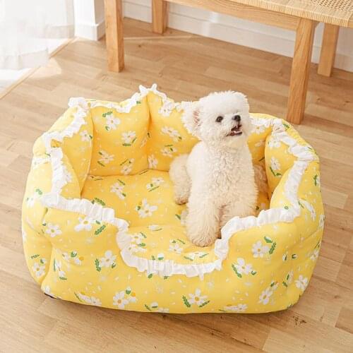 Princess Pet House Flowers Print High Bolster Floral Kennels Dog Bed Cool Cat Sleeping Sofa Pillow for Small Medium Puppy Cats