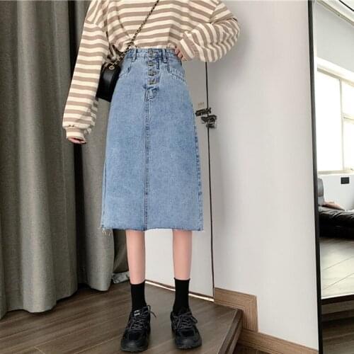 Split denim half-length skirt 2021 spring and summer new retro Hong Kong style mid-length thin A-line bag hip skirt
