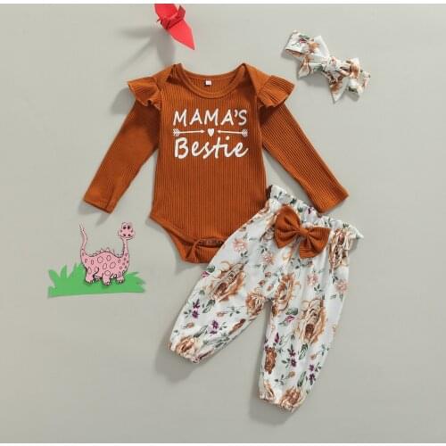 FOCUSNORM 3pcs Lovely Baby Girls Autumn Clothes Sets 0-24M Knit Long Sleeve Letter Brown Romper Floral Bowknot Pant Headband