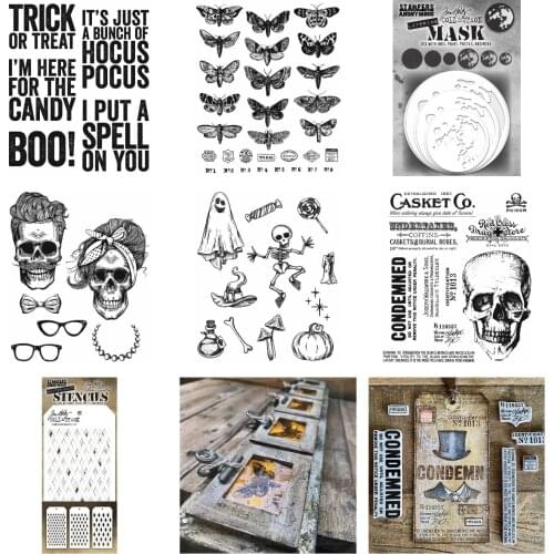 Halloween Graffiti Skull Head Skeleton Moth Alphabet Moon Metal Cutting Dies Stamps Stencil Scrapbook Diary Decoration DIY 2021