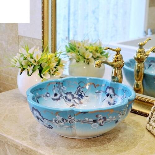 China Artistic Procelain Handmade Europe Vintage Lavabo Washbasin Ceramic Bathroom Sink Counter Top ceramic wash basin flower