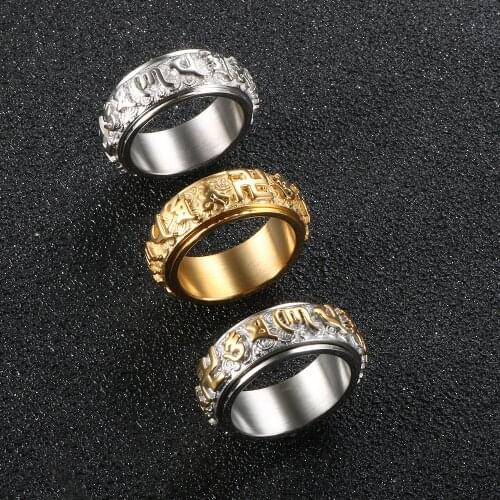 Retro Buddhist Six Character Mantra Ring Rotatable Men Ring For Religious Jewelry Gift