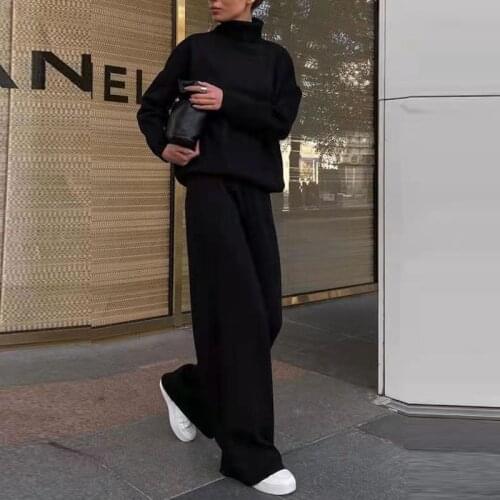 2021 Spring Autumn Women Sets New Turtleneck Pullover and Elastic Waist Pants Homewear Suits Casual Solid Soft Knitted 2 Pcs Set