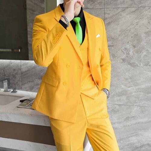 Slim Fit 3 Pieces Suits For Men Wedding Dress Yellow Suits Blazers Jackets+Pants+Vest Double Breasted Male Formal Wear Suit 6XL