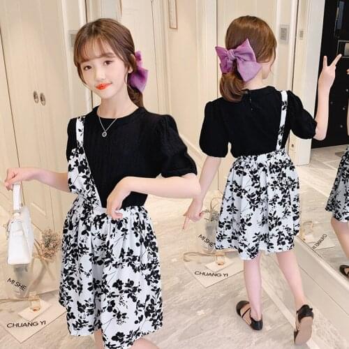 Girls One-shoulder Suspender Skirt Suit 2021 New Summer Korean Style Short-sleeved Floral Skirt 2PCS