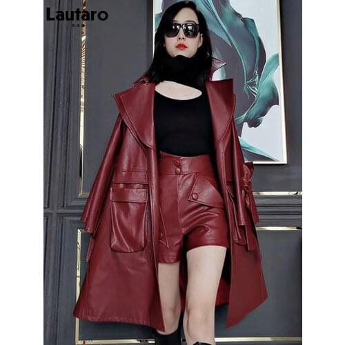 Lautaro Spring Long Faux Leather Trench Coat for Women 2021 Long Sleeve Belt Pockets Luxury Designer Clothing Korean Fashion