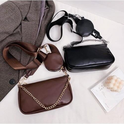 2pcs/set Fashion PU Leather Travel Womens Messenger Bag Casual Solid Color Chain Shoulder Crossbody Handbags Composite Set
