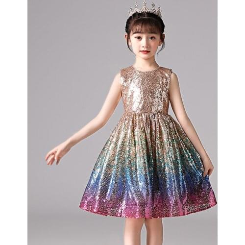 Fashion Princess Girls Sequins Wedding Mermaid Sleeveless Dresses Childrens Party Stitching Color Rainbow Knee Length Dress