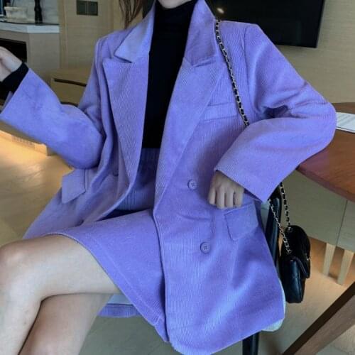 Fashion Corduroy Loose Blazer Sets Women Korean Loose Two Pieces Purple High Waist Pants Suits Corduroy Mini Skirt Suit