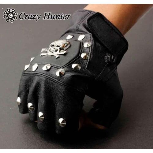 Mens Real Leather Skull Punk Rocker Driving Motorcycle Biker Fingerless Gloves
