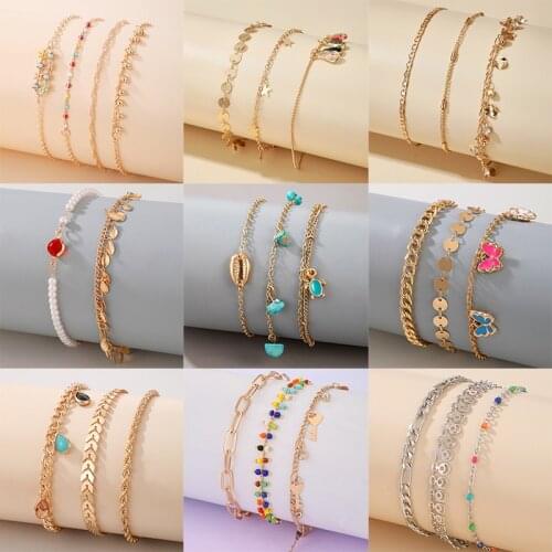 Docona 14 style Bohemia Shell Tortoise Gem Anklet Set for Women Butterfly Crystal Star Multilayer Alloy Anklets Beach Jewelry