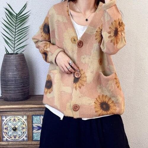 Autumn Winter Sweater Womens Loose Knitting Cardigans Retro Tops Coats Ladies Button Sunflowers Print Casual Outwear V-Neck 2021
