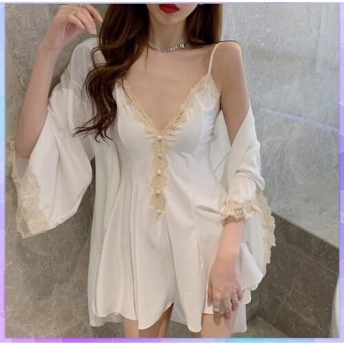 Sexy Womens 2Pc Robe Bath Gown Strap Top Kimono Pajamas Sets Palace Lace Sleepwear Princess Sweet Summer Nightdress Nightgown