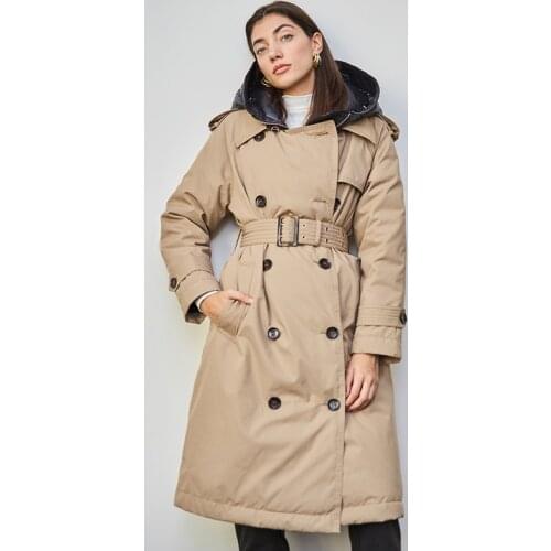 British Down Trench Coat Winter White Duck Down Jacket Women Hooded Long Thick Warm Jackets Puffer Feather Female Parka Mujer