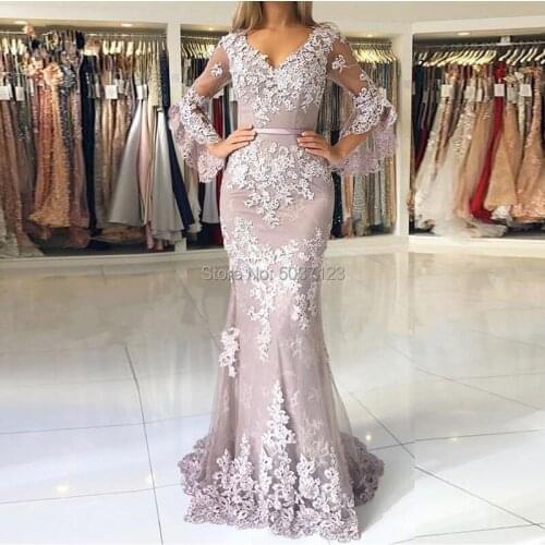 Lilac Evening Dresses Long Sleeves V Neck Vestidos Lace Appliques Beaded Bestidos Largos Mermaid Elegant Long Evening Gown 2020