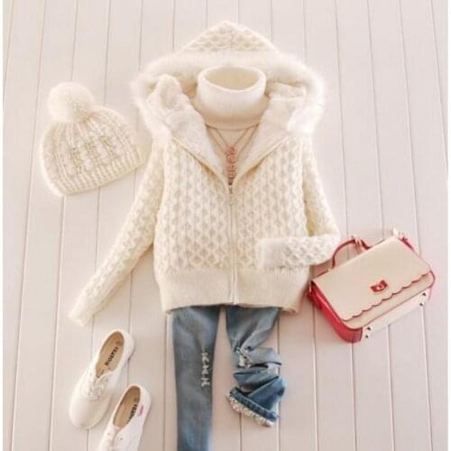 Warm Winter Womens Sweater Wool Hooded Sweaters Female Fur Lining Thicken Cardigan Thicken Casual Jacket Outwear Plus Size