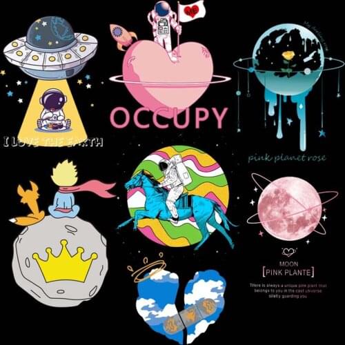 Space Astronaut Heat Transfer Thermal Stickers Planet UFO Applique For Clothes Iron-On Transfer Patches For Clothing Stickers