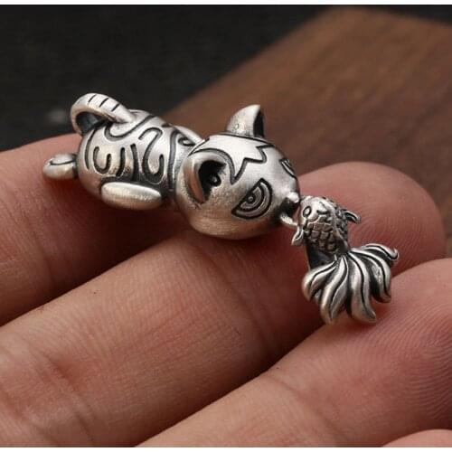 Solid 925 Sterling Silver Necklace Pendants for Women And Men Fashion Jewelry Ethnic Vintage Cat Eat Fish Pendants Punk Rock