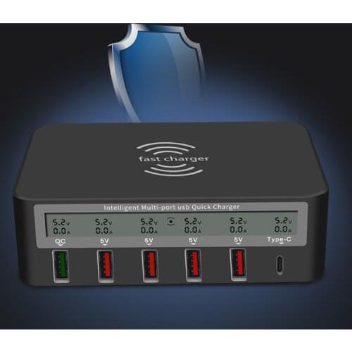 Universal 7-in-1 Type C Qi Wireless Charger 5x USB QC 3.0 Fast Charge With LCD Voltage Current Display For iphone Samsung Mobile