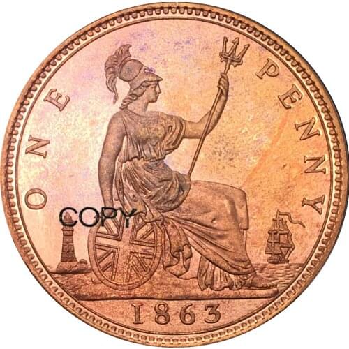 United Kingdom 1863 One Penny Victoria Red Copper Copy Coins