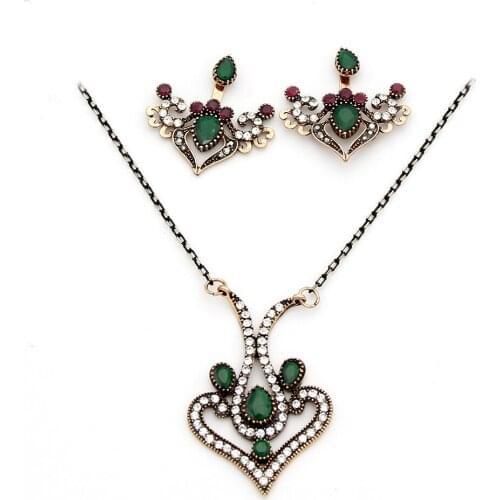 Vintage Turkish Women Heart Necklace Flower Earring Jewelry Sets Antique Color Tulip Flower Pendant Necklace Adjustable Earrings