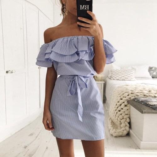 Women Dresses Summer 2021 Stripe Boho Streetwear Beach Wear Ruffle One Shoulder A Line Mini Retro Drees Wrap Sundress Robe Party