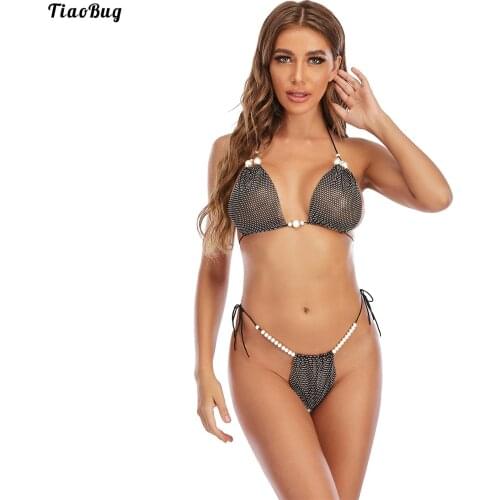 TiaoBug Women Rhinestone Bikini Set Swimwear Artificial Pearl Decor Lace-Up Bathing Suit Halter Unlined Bra With Low Rise T-Back