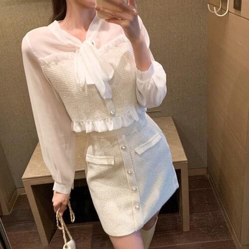 2021 New Spring Patchwork Woolen Two Piece Set for Women Chiffon Bow Tie Short Blouse Pearls Button Tweed Mini Skirt White Suit