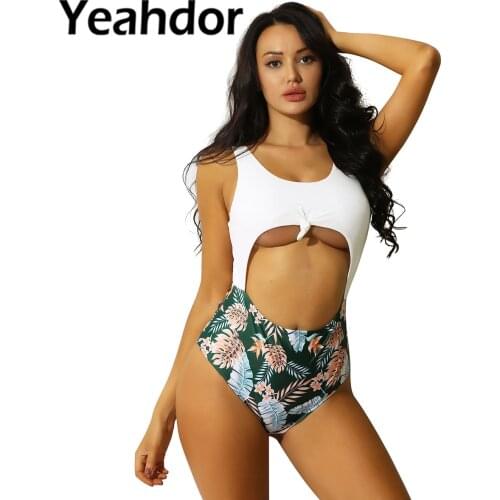 Women One Piece Monokini Swimwear Swimming Suit Floral Print Front Knot Middle Cutout Strappy High Waist Swimsuit Beachwear