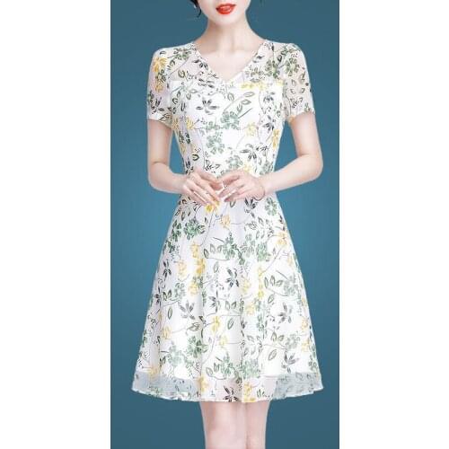 Women Dress Summer S-4XL Floral Elegant Vintage Sexy A-line Vestidos Chiffon Short Sleeve Party dress Plus Size 9430