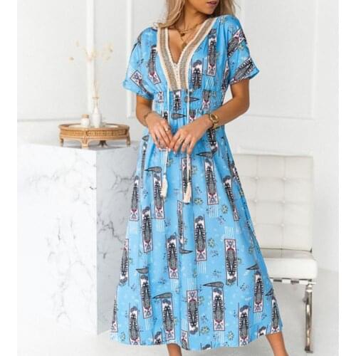 Women Dress V Neck Paisley Print Waist Tight Short Sleeve Long Dress Paisley Print Waist Tight Short Sleeve Dress Streetwear