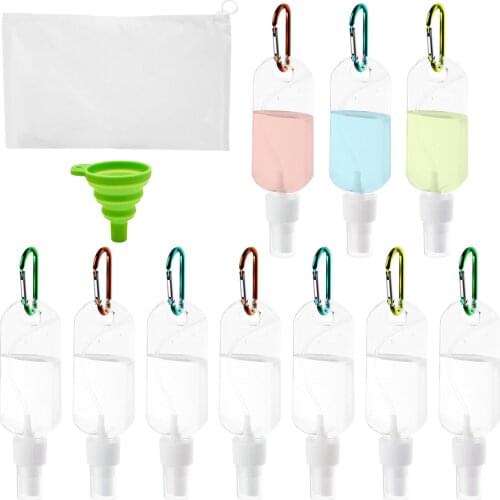 10pcs 30ml Hand Sanitizer Bottles Refillable Plastic Travel Spray Bottle with Carabiner Funnel Bag for Alcohol Liquid Soap