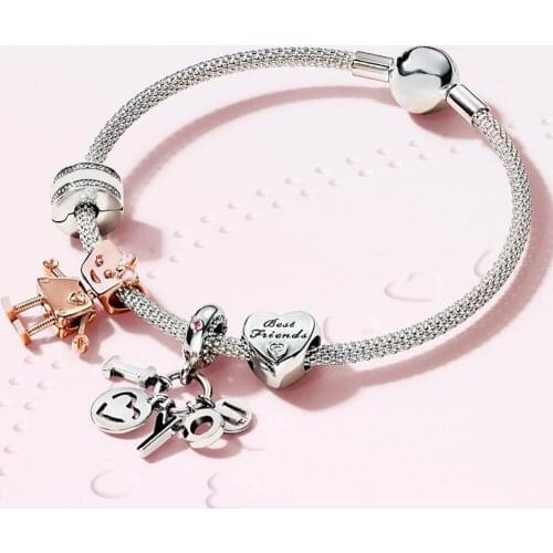 2019 NEW 100% 925 Sterling Silver 1:1 ROSE BELLA BOT FRIENDSHIP HEART CHARM I LOVE YOU HANGING CHARM MOMENTS MESH BRACELET Set