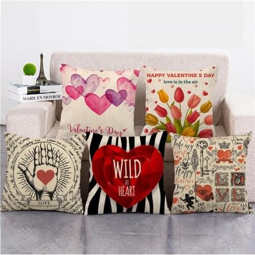 45x45cm Throw Pillows Happy Valentines Day Letter Pattern Pillow Case Fauxlinen Cushion Cover for Sofa Car Bedroom Home Decor