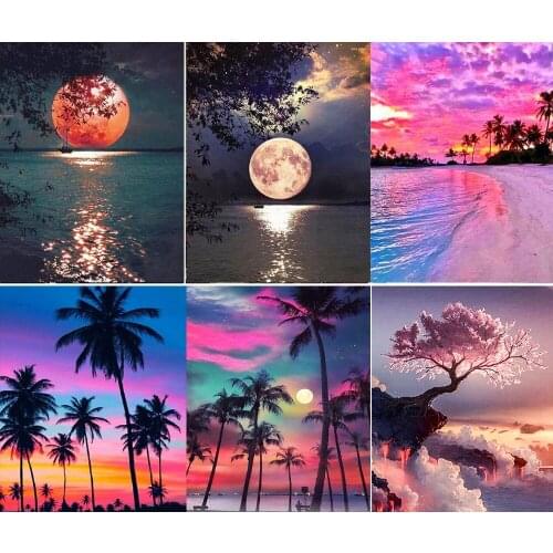 5D DIY Diamond Painting Full Square Moon Rhinestones Pictures Diamond Embroidery Sale Cross Stitch Mosaic beach Landscape CV370