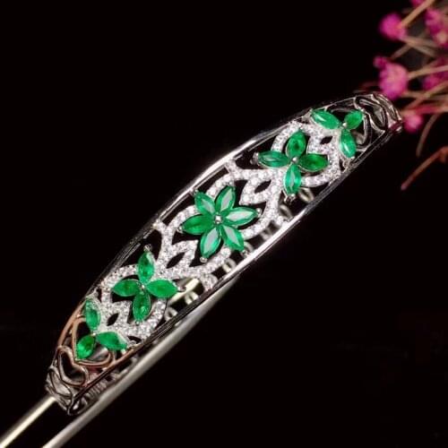 Natural green emerald gem bangle S925 silver natural gemstone bangle Fashion wide Flower woman girl party gift jewelry