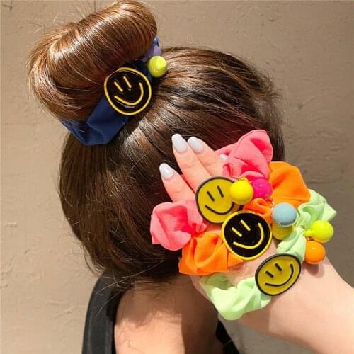 Women Girl Scrunchies Elastic Hair Ties Bands Smile Face Yellow Summer Fashion Korean Mujer Head Accessories Hyuna Wholesale