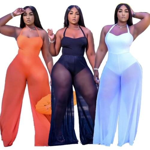 INS Hottest Women Sexy Clubwear Jumpsuits 2021 Summer Latest Halter Lace-up Sleeveless Skinny See-through Loose Mesh Rompers