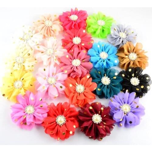 Hot New Style 20 colors Kids Golden Dots Hair Flowers With Pearl Centre 60pcs/lot 8CM Flat Back For Girls Headwear TH09