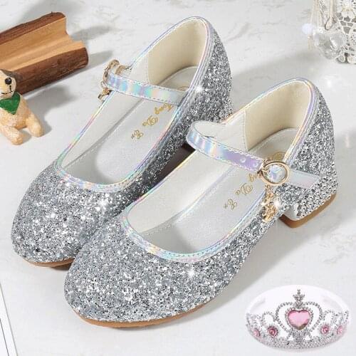 Girls' Shoes Fashion Girls' Stage High Heels Dance Performance Host Shoes Silver for Children Princess Shoes