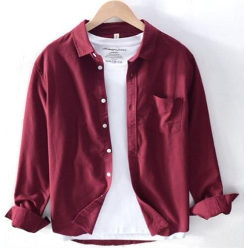 Japanese Oxford Long-sleeved Shirt Mens Four Seasons Casual Loose Cotton Shirt Male Pure Color Classic Fashion Brand Slim Top