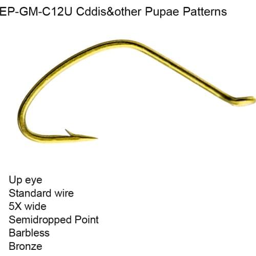 Eupheng 100pcs EP-GM-C12U Cddis&other Pupae Patterns Fishing Hook Up Eye 5X Wide Hook Semidropped Point Fly Fishing Hook