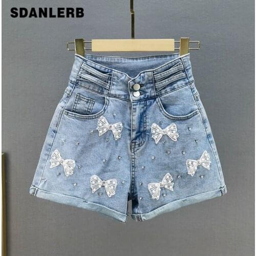 Bow Denim Wide Leg Shorts Womens Thin 2021 Summer Fashion Short Jeans New High Waist Slimming Flip Diamond Loose Hot Pants