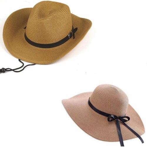 Wide Brim Sun Hats Summer for Women Men Panama Hats Straw Cowboy Hat Folding Western Beach Straw Hat Ribbon Bow Visor Female Cap