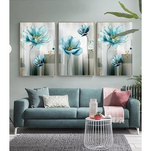 Modern Scandinavian Blue Flower Canvas Paintings Posters and Prints Wall Art Picture for Living Room Home Decoration